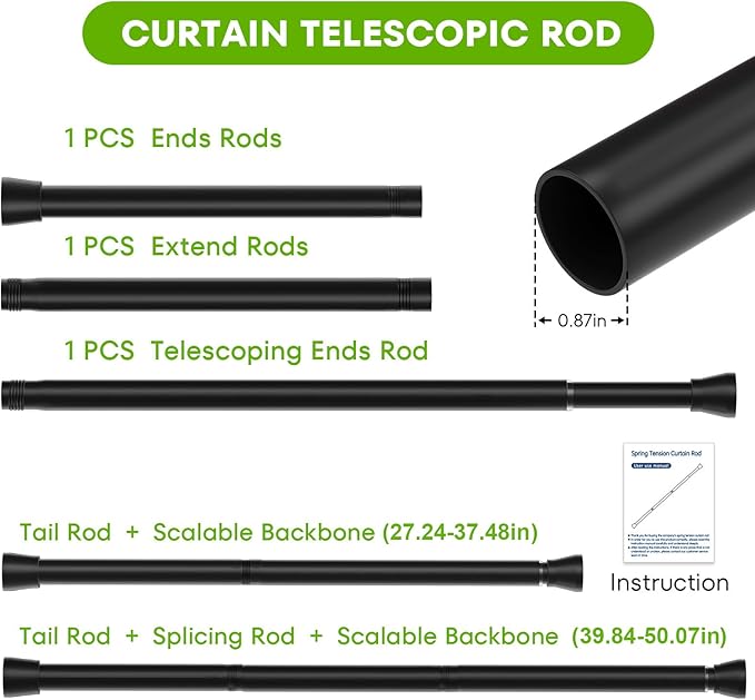 Tension Curtain Rod 2Pack Black Tension Rod Adjustable Curtain Rod No Drilling Tension Rods for Windows 28 to 48 Inch Curtain Rods Expandable Pressure Tension rods for Closet