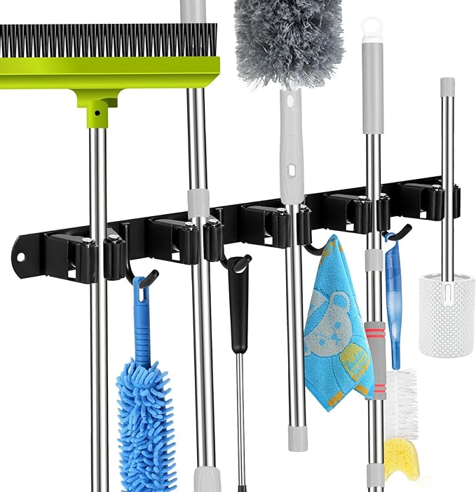 voze [2 Pack] 5 Racks and 4 Hooks Mop and Broom Holder Wall Mount, Self Adhesive Heavy Duty Broom Organizer Storage Tool Racks for Kitchen Garden Laundry Garage Black
