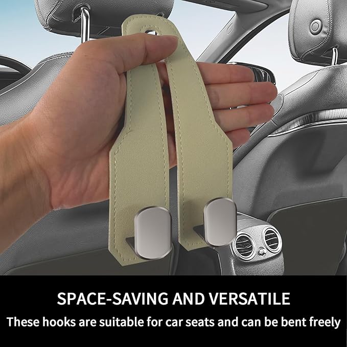 Car Seat Headrest Hooks for Purses and Bags, 2 Pack Bag Purse Holder for Car with Double Metal Hooks, Car Purse Hanger, Headrest Back Seat Handbags Hook Cute Hanging Accessories, Beige