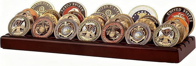 DisplayGifts Challenge Coin Display Stand, 4 Row Wooden Holder Rack Case (Mahogany - Style 2 -4 Rows)