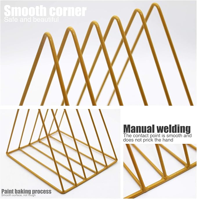 QPEY Triangle File Holder,5 Slot Metal Vinyl Record Stand Holder Magazine Newspaper Holder Photography Props for Office Home 1 Pc (Gold)