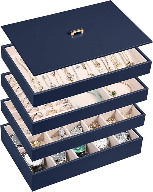 Voova Stackable Jewelry Organizer Tray with Lid, PU Leather Jewelry Storage Holder for Drawer Inserts, Jewellery Display Box Case for Earring Necklace Ring Watch Bracelet (Set of 4, Navy Blue)