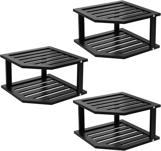 Bamboo Corner Shelf(3 Pack),2 Tier Plate Organizer for Cabinet and Countertop,Pantry Dish and Spice Rack for Kitchen(Black)