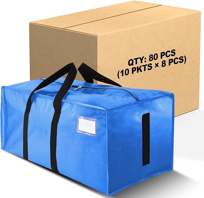 80 Pack Large Strong Moving Bags with Zippers & Carrying Handles - Water-Resistant - Heavy Duty Storage Tote for Space Saving, Fold Flat, Alternative to Moving Box (Sky Blue)