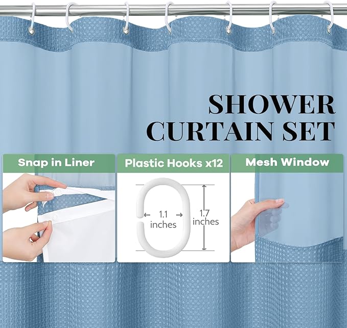 Dynamene 78 Inch Long Shower Curtain, Tall Waffle Fabric Shower Curtains for Bathroom, Hotel Waterproof Cloth Shower Curtain Liner Set with Hooks, Snap in Liner, Mesh Top Window, Moonlight Blue, 72x78