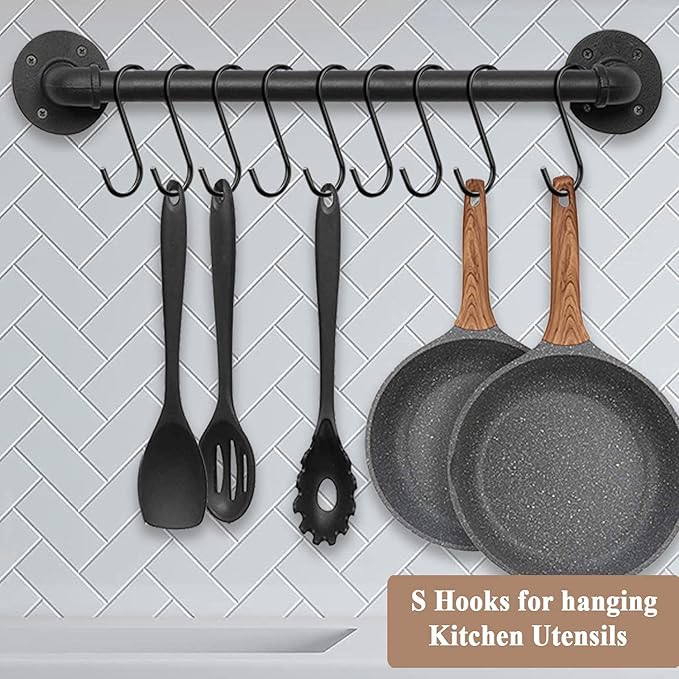 ESFUN 30 Pack 3.7 inch Length S Hooks Black Steel S Shaped Hooks for Hanging Jeans Pans Pots Plants Bags Towels Kitchen Closet Hooks Hanger, Fit The Rod Dia Less than1 inches