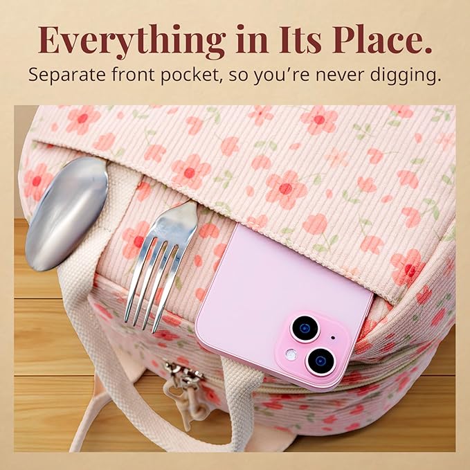 LOVELYWIND Insulated Pink Lunch Bag for Women, Stylish Corduroy Tote with Aluminum Lining, Large Capacity Reusable Cooler for Work, Travel, Beach or Picnic, Pink Floral Water-Resistant Lunch Box