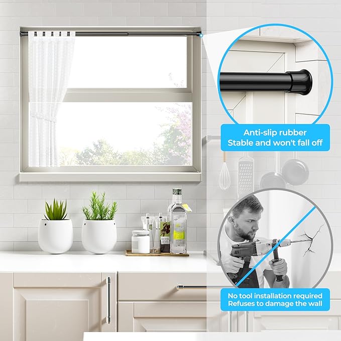 AIZESI Tension Rods for Windows 28 to 48 inch, Adjustable Short Curtain Rods No Drilling Small Tension Rods for Windows Door Kitchen Curtain, Black
