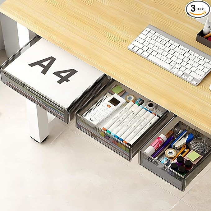 Under Desk Table Drawer Storage Organizer,3 Pack Large & Medium & Small Slide Out Desk Drawers - Hidden Desktop Organizer,Attachable Pencil Storage Tray Under Table(SML)