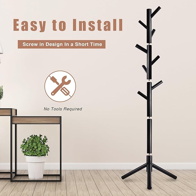Coat Rack, Coat Racks Freestanding with 8 Hooks 3 Adjustable Heights for Clothes, Hats, Handbags, Coat Tree Easy Assembly for Entryway, Bedroom, Hallway, Office(Brown 2PCS)
