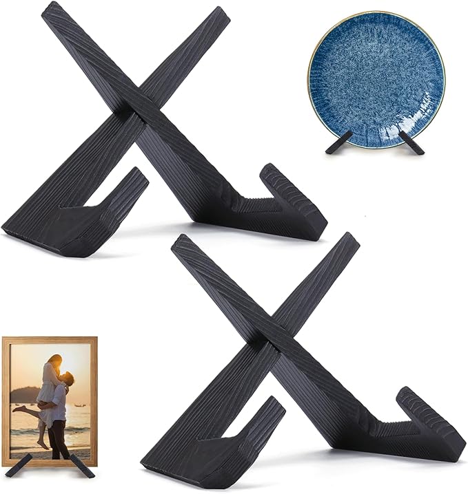 XKDOUS 2 Pack Black Plate Stands for Display 6.5 Inch Wooden Cookbook Holder Stand Decorative Picture Frame Plate Display Stand Recipe Book Holders for Kitchen Counter
