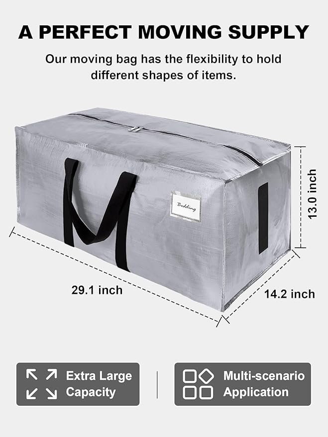 HOMESURE Supports 200lbs Heavy Duty Moving Bags - Strong Zipper & Wrap-Around Handles - Water-Resistant Storage Totes, Durable Alternative to Moving Boxes - 4 Pack - Silver