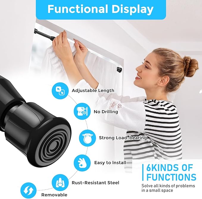 AIZESI 2PCS Tension Rods 17 to 28 inch, Black Tension Rods Adjustable Spring Tension Window Rods Short Tension Rod Expandable Pressure Rod for Shoe Rack Hanger Curtain Rod Closet Rods