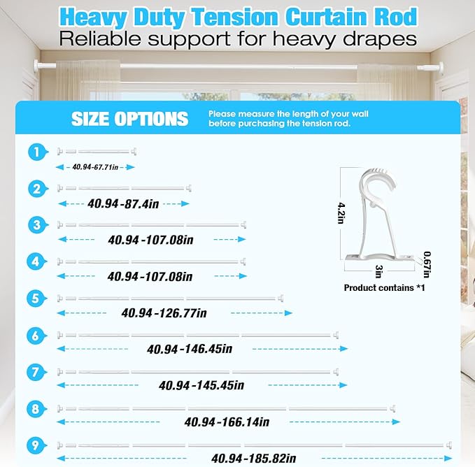 White Tension Curtain Rods 41-185 In Extra Long Outdoor Patio Curtain Rods No Drilling Adjustable Heavy Duty Tension Rods for Windows Bathroom Living Room Curtains, Rod Diameter 1.26In