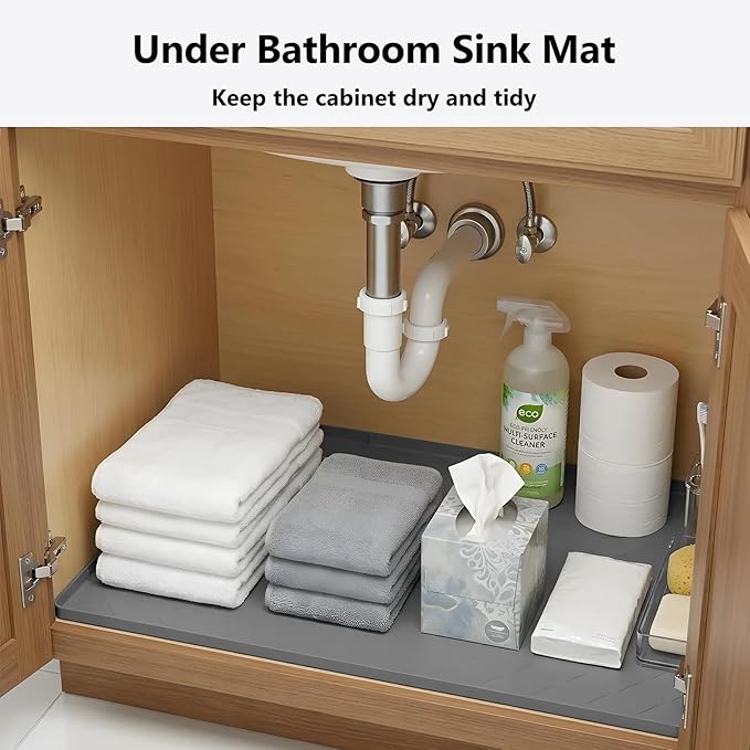 Mateeylife Under Sink Mats for Kitchen Waterproof 22"X19", Undersink Protectors，Silicone Mat Cabinet Liner, Under Sink Organizer for Bathroom and Kitchen，Boot Tray Pet Food Mat, Dark Grey