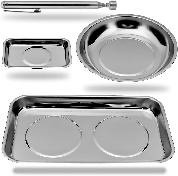 HORUDSY 4PC Magnetic Tray Set with Magnet Stick – Extra Strong Magnets, Stainless Steel Trays, and Telescoping Pickup Tool for Organizing and Retrieving Metal Parts