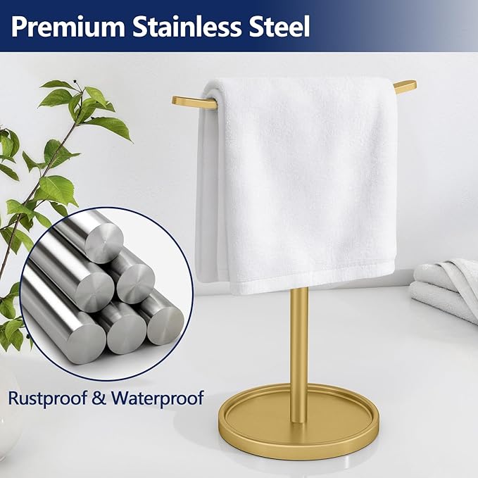 STWWO Hand Towel Holder, Stainless Steel Towel Holder Stand for Bathroom, Kitchen Countertop, T-Shaped Hand Towel Rack Stand, Gold