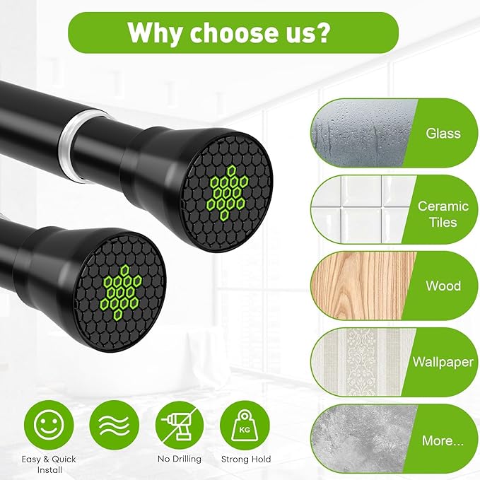 Tension Curtain Rod 2 Pack Small Tension Rods 16 to 26 Inch Black Tension Rod Adjustable Curtain Rod No Drilling Spring Tension Rod Expandable Pressure Tension rods for Closet,Kitchen