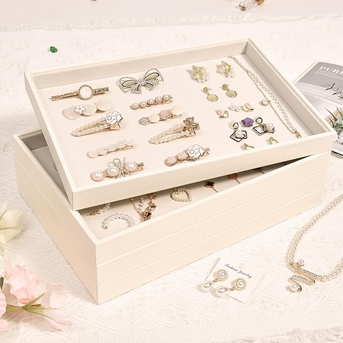 Beige Velvet Jewelry Trays for Drawers Black Jewelrys Display Tray Stackable Jewelry Organizer Trays for Necklace Bracelet Ring Watch (4 Pack)