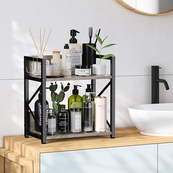 Spice-Rack-Organizer-Shelf for Kitchen Counter, 2 Tiers Coffee Bar Station Organizer for Countertop，Space Saving Desk Shelving Riser Unit (Grey, Medium)
