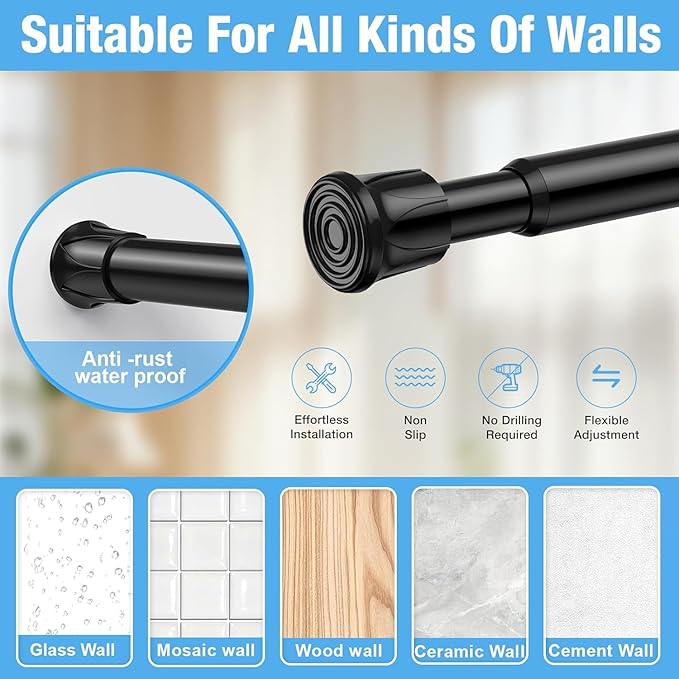 4 Pack Black Spring Tension Curtain Rods 28-48 Inches, Spring Loaded Curtain Rods No Drilling, Adjustable Small Tension Rod for Windows Bedroom Bathroom Kitchen Doorway Closet
