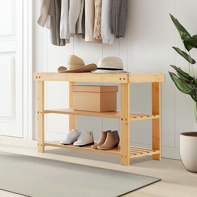Sweetcrispy Shoe Rack Bench, 3-Tier Bamboo Entryway Storage Organizer, 286lb Capacity, Shoes Stand for FrontDoor Entrance, Bedroom, Living Room, Bathroom, Balcony, 11.3 x 27.6 x 17.8 Inches, Wood