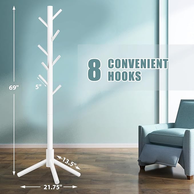 Haddockway Wooden Coat Rack Stand with 8 Hooks New Zealand Pine 3 Adjustable Coat Standing Tree Easy Assembly for Coats, Hats, Scarves and Handbags for Entryway, Hallway, Bedroom, Office, white