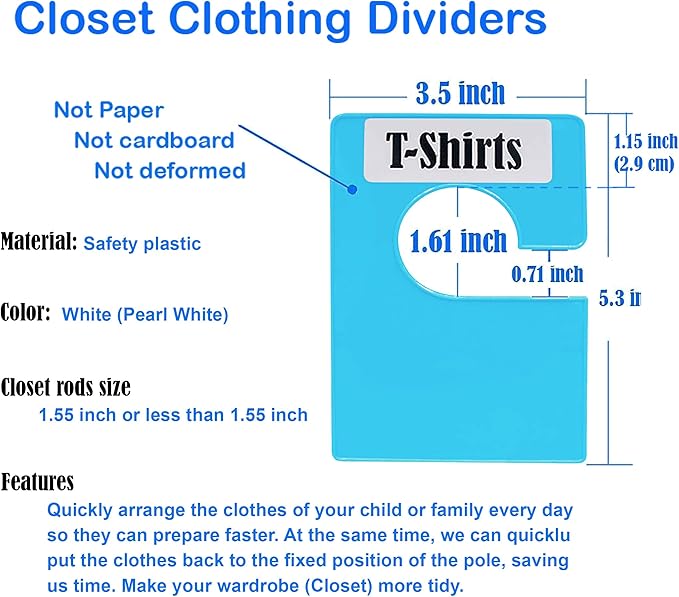 10 Pack White Clothing Rack Size Dividers Plus 45 Labels (1 Inch) and 18 Large Blank Labels, Large Rectangular Clothing Closet Dividers (Blue)