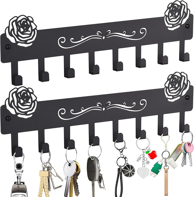 2-Pack Premium Iron Key Holder for Wall – Dual Installation: Wall Mount & Adhesive, 8 Hooks Key Rack for Entryway, Bathroom, Kitchen, Office
