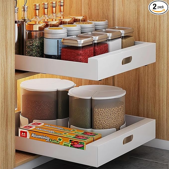 bealy 21'' Deep Cabinet Organizer Adhesive, 10'' Wide Pull Out Cabinet Organizer for Face Frame or Frameless Cabinets, Roll Out Shelves for Kitchen Cabinets, Pantry Shelves, Bathroom, 2 Pack
