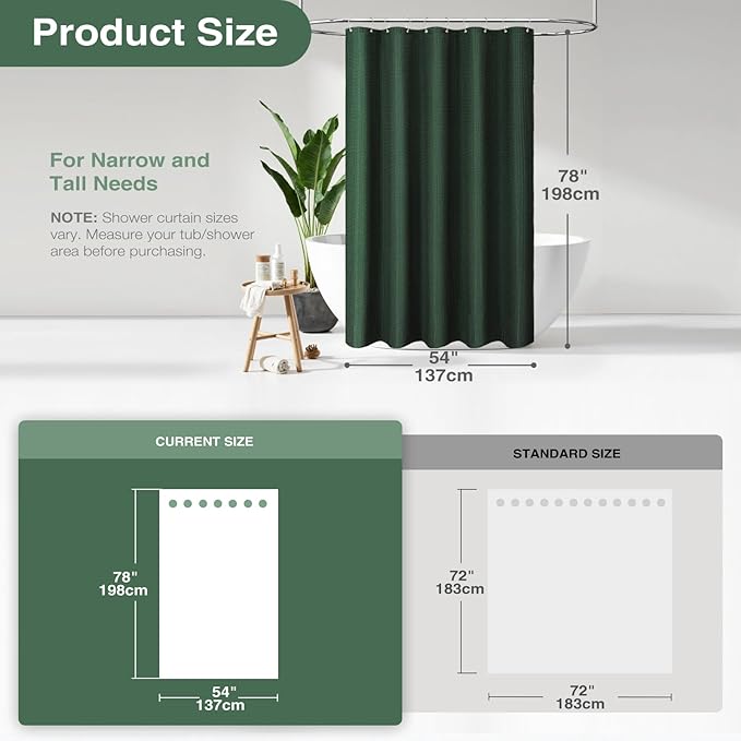 Dynamene Stall Fabric Shower Curtain - 54x78 inch Long Waffle Weave Weighted Thick Cloth Shower Curtains for Bathroom,Heavy Duty Hotel Spa Luxury Bath Curtain Set with 10 Plastic Hooks, Dark Green