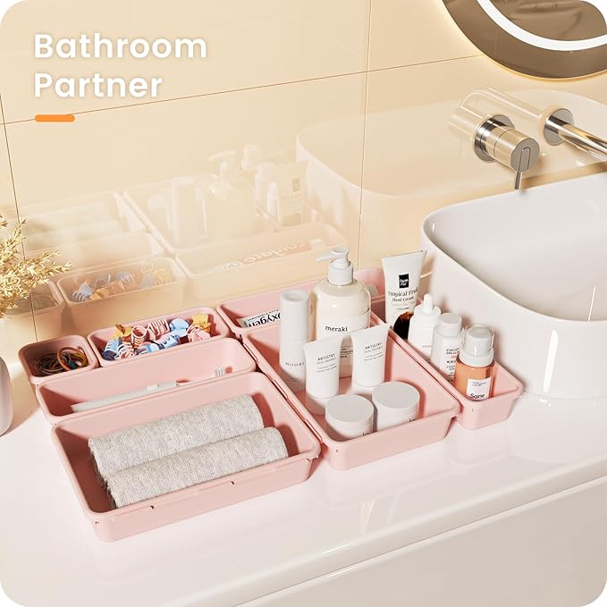 A-LuGei 【28pcs】 【5size】 Drawer Organizer, Makeup organizer, 【Holds 177 Items】 Bathroom Organizers and Storage, Plastic Desk Organizer Divider, Organizer Bins(5size)(LightPink)