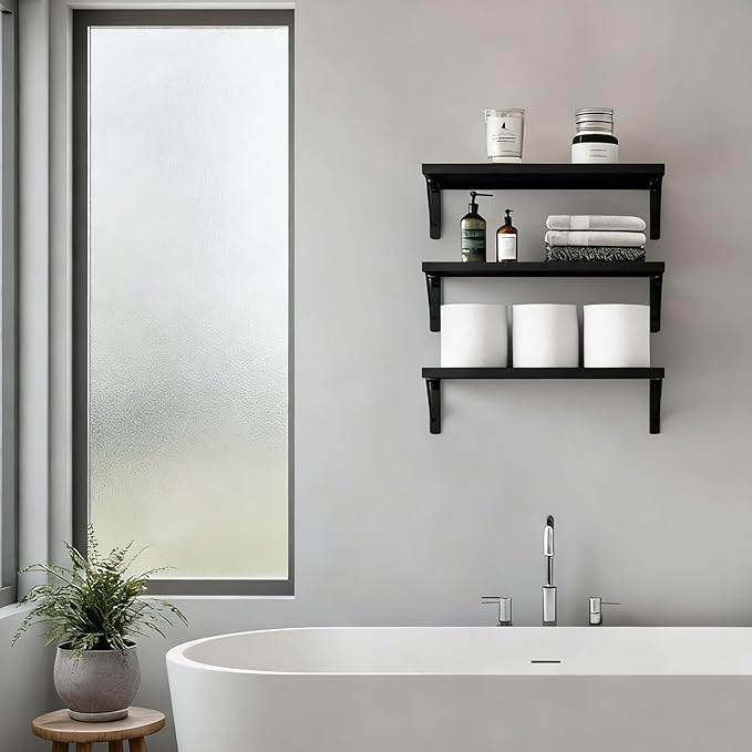 Fixwal Black Shelves for Wall, Wood Wall Mounted Floating Shelves for Bedroom, Bathroom, Living Room, Kitchen Storage and Decor(Black, Set of 3, 16.5 Inch)