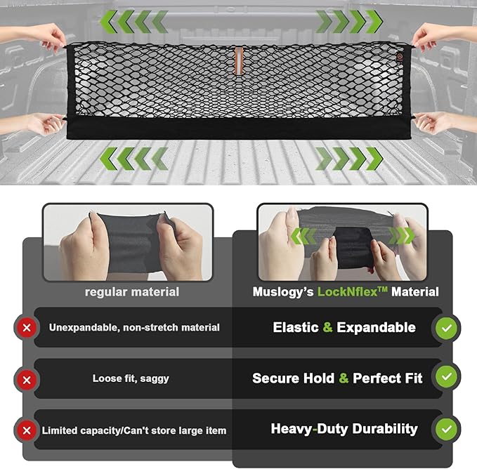 Muslogy Truck Bed Cargo Net Trunk Netting Compatible with Dodge Ram 1500 2019-2025 2026 Accessories, Pickup Cargo Organizer SUV Sedan Storage Net w/Heavy Duty Carabiners