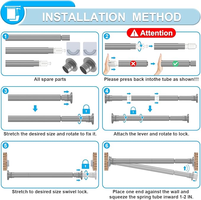 XQIYY Adjustable Shower Curtain Rod 28–48 Inches – Rustproof Spring Tension Rod for Windows & Bathrooms, No Drilling, Heavy Duty with Dual Brackets, Fits Smooth & Rough Surfaces, Grey