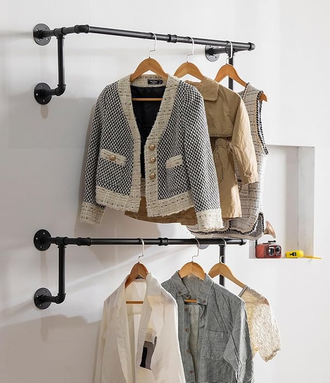Homeyeeng Clothes Rack, Industrial Wall Pipe Clothing Rack for Hanging Clothes, Wall Mounted Heavy Duty Space Saving Garment Rack, Multi-Purpose Clothing Hanging Rods for Closet Storage, Black, 2Pcs