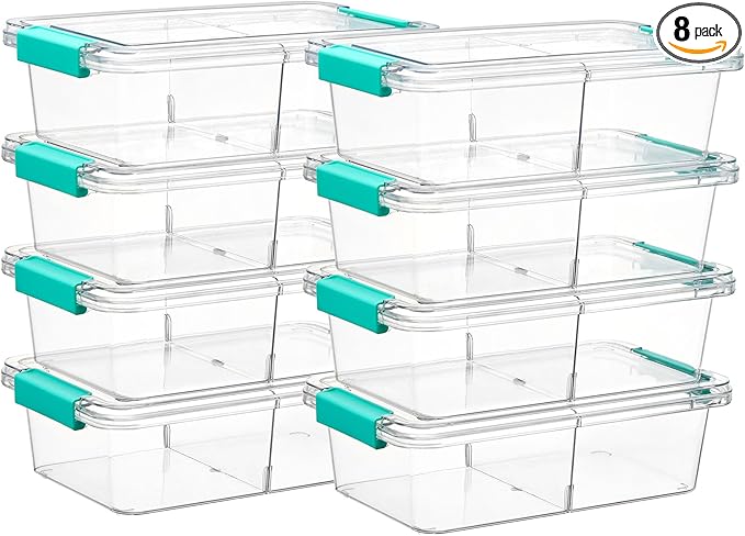 Vtopmart 8 Pack 1.5Qt Clear Pencil Box, Plastic Pencil Holder with Removable Divider for Pen Organizer, Small Stackable Containers with Lid for Pen, Art Craft, Sticker, Scrapbook & Office Supplies