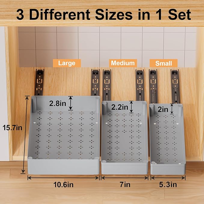 Delamu 3 Pack Pull Out Cabinet Organizer, 15.7" Deep Pull Out Drawers for Cabinets, Slide Out Drawers for Kitchen Cabinets, Bathroom Cabinet Organizer, Pantry (Grey)