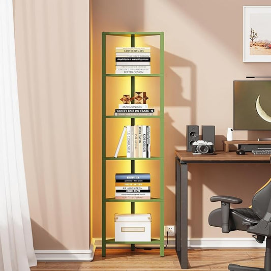 TUTOTAK Corner Shelf with LED Light, 6-Tier Corner Bookshelf for Small Space, Narrow Display Corner Shelf Stand with Storage Rack, for Living Room, Bedroom, Olive Green BS05BOG006L