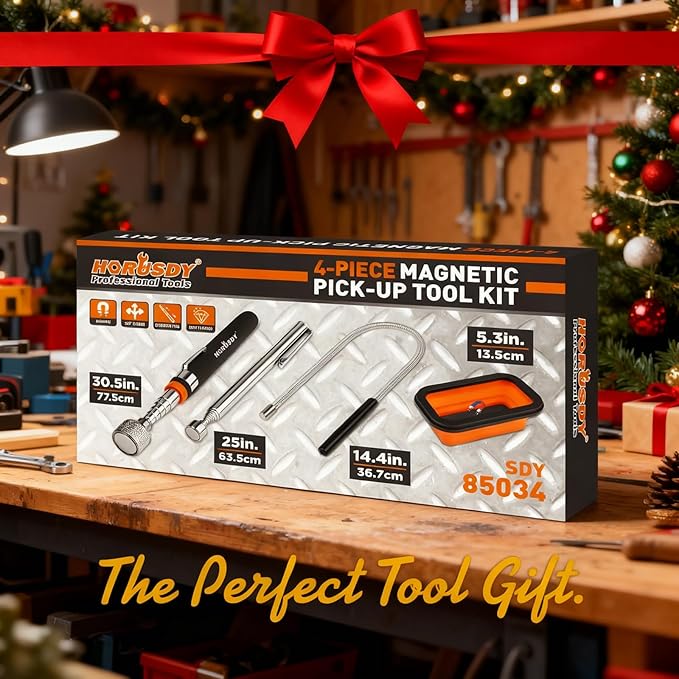 HORUSDY 4 - PIECE Magnetic Pickup Tools Kit | Extendable Telescoping Magnet Pick Up Tool Set 7-30.5” & 5-25” | Bend-It Flexible Magnetic Sweeper | Collapsible Parts Tray for Garage Workshop Yard