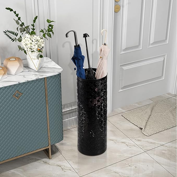 Hacaroa Metal Round Umbrella Stand Rack, Free Standing Umbrella Holder Bin, Canes Walking Sticks Holder for Entryway, Home, Office, Black