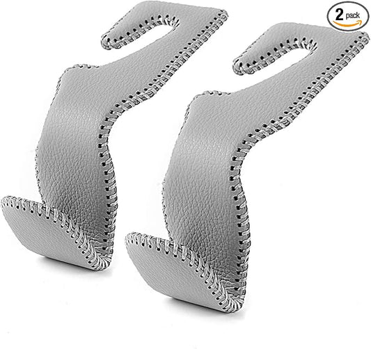 AMVOYOA Headrest Hooks for Car, Back Seat Organizer Gray Leather Hanger Holder Hook, for Hanging Purses and Bags and Coats, Pack of 2