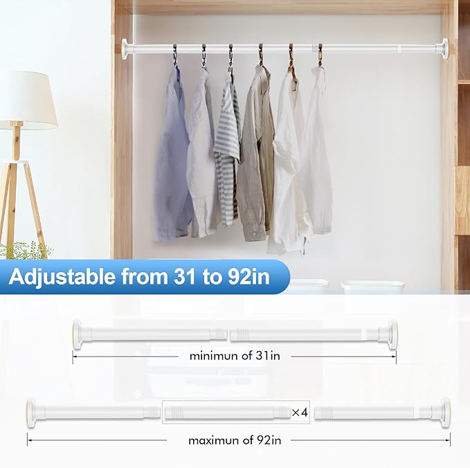 White Shower Curtain Rod 31 to 92 Inch,1 Inch Diameter Adjustable Spring Tension Stainless Steel Telescoping Rod,Easy Install,No Rust