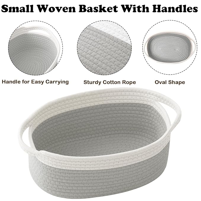 Small Woven Rope Basket-Empty Gifts Basket with Bag and Ribbons,Cute Handle Organizer Box for Birthday/Baby Shower, Toy Storage, Nursery Organizing & Shelf Decor(White&Grey)