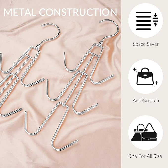 ZEDODIER 3 Pack Purse Organizer for Closet, Heavy-Duty Hanging Purse Hanger Closet Holds Up to 18 Purses, Metal Rotating Space Saving Bag Holder Handbag Storage Hook Backpack Rack, Silver