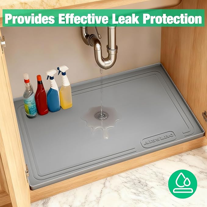 Aisslro Under Sink Mat 25" X 19", Waterproof Silicone Under Sink Mats for Kitchen, Anti-Leak Shelf Liner & Cabinet Protector with Raised Edge, [BPA Free] Bathroom Tray Home Organizer, Gray