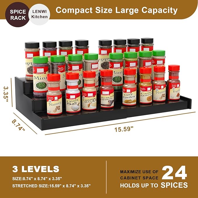 Spice Rack Organizer for Cabinet, 3 Tier Expandable Bamboo Spice Storage for Kitchen Cupboard Pantry, Black