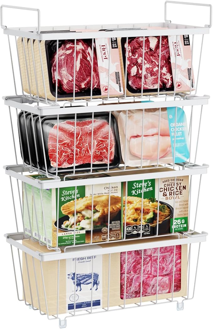 iSPECLE Freezer Organizer Bins - Fits 7 Cu.Ft Chest Freezer, 4 Pack Stackable Wire Baskets(14.7" Length), Heavy Duty Coated Deep Freezer Organizer, Rust Resistant for Frozen Food Sorting, White