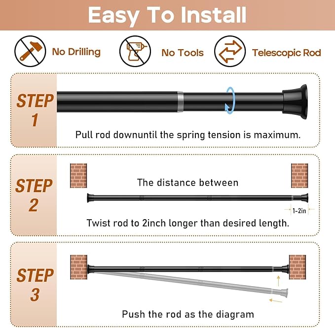 2 Pack Black Spring Tension Curtain Rods 18-36 Inch Adjustable Expandable Spring Loaded Curtain Rods No Drilling Suitable for Small Short Tension Rods 23-34 Inch Doors, Windows, Closet