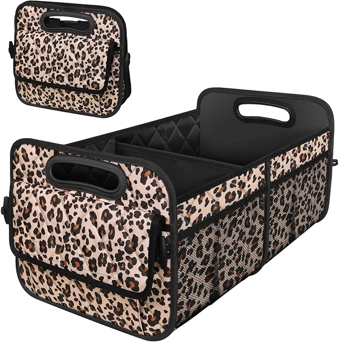Deosk Trunk Organizer and Storage with Reinforced Handles,Car Accessories for Women/Men 50L Waterproof Polyester Trunk Organzier for Car/SUV/Minivan/Truck(Medium,Leopard print)
